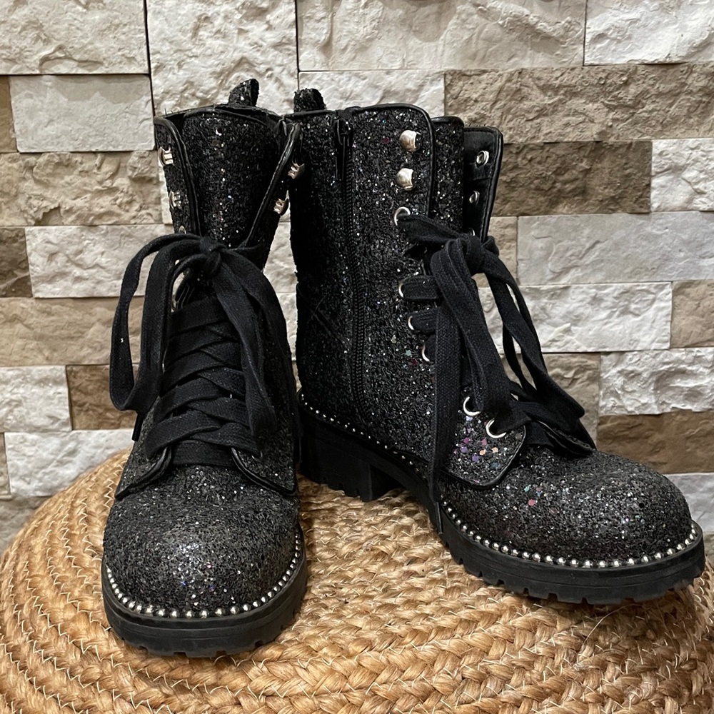 PORTLAND BOOT CO. Black Glitter Combat Boots Size 6M